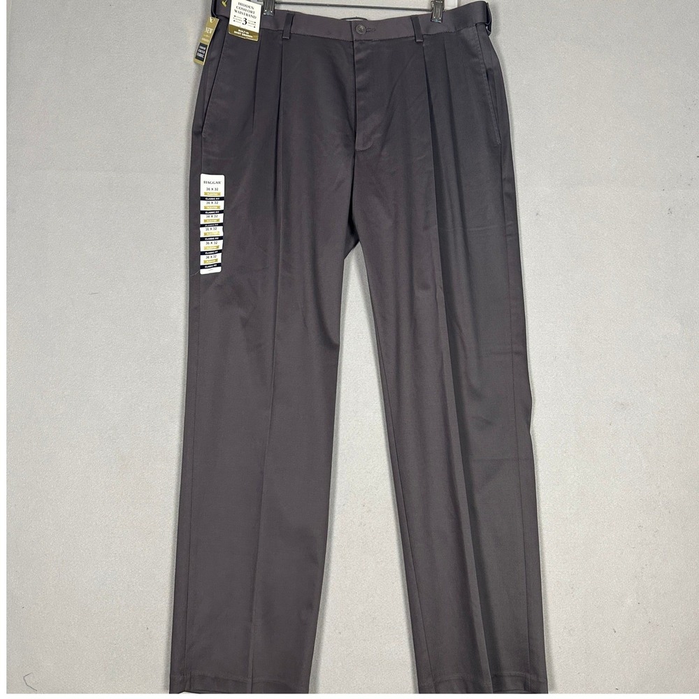 NEW Haggar Pants Men 36X32 Dark Grey Premium Khaki Iron Free Pleated Classic Fit